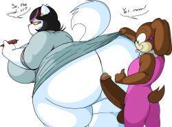 absurd_res anthro anthro_on_anthro ass assisted_exposure balls bent_over big_breasts big_butt big_penis black_eyes black_hair breasts catti_(deltarune) clothed clothing clothing_lift deltarune domestic_cat dress dress_lift duo ear_piercing english_text erection exclamation_point felid feline felis female genitals gesture green_eyes hair hi_res holding_object holding_pen huge_breasts huge_butt lagomorph larger_female leporid looking_back male male/female mammal masterj291 pen penis piercing question_mark rabbit size_difference smaller_male smile speech_bubble text thick_thighs thumbs_up tongue tongue_out undertale_(series) white_body wide_hips yellow_sclera