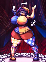 blush breasts dark-skinned_female dark_skin duomi_(kalmoire) fan_character female giantess huge_breasts juggling mario_(series) mask motion_lines nintendo shy_gal spiral_eyes text thick_thighs video_games wide_hips woahbeme