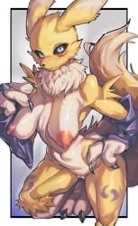 absurd_res anthro armpits bandai_namco big_breasts blue_eyes blush breasts canid canine claws digimon digimon_(species) eipelppa female finger_claws fur furry genitals hi_res huge_breast iepelppa iparuputsua ipelppa large_breasts looking_at_viewer mammal massive_breasts mostly_nude multicolored_ears nipples pussy renamon solo toe_claws yellow_body yellow_fur