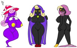 2d 3girls black_body blonde_hair eyes_covered female female_only flashing harvestman_here hood long_hair mario_(series) merlee merluvlee multiple_girls paper_mario pink_hair purple-skinned_female purple_skin simple_background standing veil vivian_(paper_mario) white_background