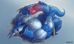 absurd_res anthro balls big_penis bodily_fluids finnter_(e-zoid) foreskin genital_fluids genitals hi_res huge_cock hyper hyper_genitalia hyper_penis laying_on_ground male masturbation penis precum precum_on_chest precum_on_face precum_on_ground precum_on_self precum_string vein veiny_penis voidlesky