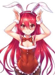 ahoge animal_ears bare_shoulders blush bowtie bunny_ears bunny_girl bunny_pose bunnysuit detached_collar female fishnets flat_chest frills fur_trim leotard long_hair looking_at_viewer pantyhose rabbit_ears red_bowtie red_eyes red_hair santa_costume shakugan_no_shana shana simple_background smile solo very_long_hair white_background wide_hips