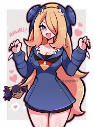 2022 2girls artist_name black_nails blonde_hair blue_eyes blush cleavage cosplay cynthia_(pokemon) english_text exclamation_point female female_only game_freak garchomp garchomp_(cosplay) hair_over_one_eye heart hearts_around_body hearts_around_head hoodie hourglass_figure human iris_(pokemon) long_blonde_hair long_hair looking_at_viewer medium_breasts nail_polish nintendo open_mouth pokemon pokemon_(cosplay) pokemon_(species) pokemon_bw pokemon_dppt rawr safe smile solo speech_bubble text touyarokii