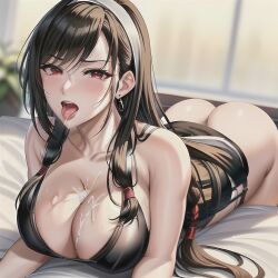 ahe_gao ai_generated bare_arms bare_legs bare_shoulders bare_thighs bed bedroom bending_over bent_over big_ass big_breasts big_butt black_hair black_legwear bottomless bra breasts_bigger_than_head clothed clothing cum cum_between_breasts cum_on_breasts ear_piercing earrings eyebrows_visible_through_hair eyelashes final_fantasy final_fantasy_vii hair_ornament hair_tie long_black_hair long_hair plant red_eyes tifa_lockhart tongue tongue_out white_headband white_headwear white_skin window