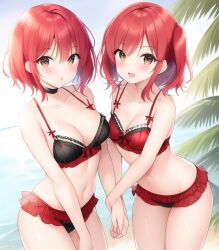 2girls ai_generated beach bikini black_bikini girls identical_twins normal_breasts ocean original_character original_characters red_bikini red_hair short_hair twins yellow_eyes