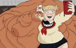 2girls areolae bbw blob blonde_hair cellphone dark-skinned_female dark_skin hair_bun heart himiko_toga huge_ass huge_belly huge_breasts huge_thighs light-skinned_female light_skin miruko morbidly_obese morbidly_obese_female multiple_girls my_hero_academia obese open_mouth pleated_skirt rumi_usagiyama selfie_pose shounen_jump skirt sociuscomrade ssbbw taking_selfie