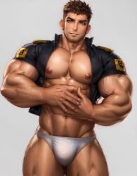 1boy 2020s 2023 ai_generated aimenlover bara big_arms big_bulge big_chest big_legs big_muscles big_pecs blue_eyes broad_shoulders brown_hair bulge facial_hair hairy_legs hairy_male high-resolution highres human leg_hair looking_at_viewer male male_only muscles muscular muscular_male muscular_male_only ripped_muscles solo stable_diffusion stubble thick_thighs tight_clothing treasure_trail underwear undressing uniform veiny_muscles white_underwear