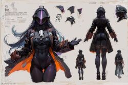 ai_generated black_legwear bondrewd bunny_girl bunny_suit cameltoe character_profile character_sheet coat fully_clothed genderswap_(mtf) helmet leotard long_hair made_in_abyss mask masked masked_female multiple_views rule_63 thigh_gap