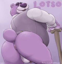 2023 absurd_res anthro anus ass balls bear clothed clothing disney dudebulge genitals hi_res lotso male male_only mammal mature_male overweight overweight_male penis pixar purple_body simple_background solo toy_story toy_story_3