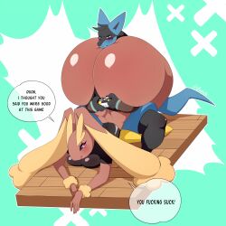 anthro ass big_ass big_breasts bottom_heavy breasts bubble_butt clothing dialogue duo english_text female furry huge_ass hyper hyper_ass lopunny lucario nintendo pokemon pokemon_(species) profanity text vapplepie