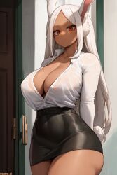 1girls ai_generated amiral_ai breasts brown_skin clothed dark-skinned_female dark_skin female huge_breasts latex long_hair miruko my_hero_academia office_lady rabbit_ears red_eyes rumi_usagiyama skirt thick_thighs white_hair