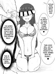 1boy bar_censor black_hair bra breasts brown_eyes censored cheating cheating_girlfriend cleavage comic female gorgonzola_(artist) gorgonzola_(paradisegom) greyscale highres irido_yume kneeling large_breasts large_penis long_hair mamahaha_no_tsurego_ga_moto_kano_datta monochrome navel_piercing netorare ntr open_mouth panties parumezan penis penis_on_face penis_over_eyes piercing solo_focus straight translated underwear