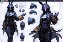 ai_generated black_legwear bondrewd bunny_ears bunny_girl bunny_suit changeling character_profile character_sheet coat fully_clothed genderswap_(mtf) helmet long_hair long_hair_female made_in_abyss mask masked masked_female no_face playboy_bunny rule_63 thigh_gap