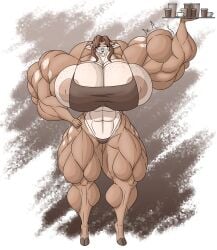 aregularslime breasts deer female fiona_fawnbags_(dullvivid) freckles fur glasses huge_breasts huge_muscles hyper_muscles motion_lines muscular muscular_female thick_thighs wide_hips