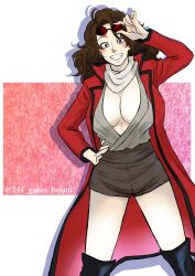 244_gntm_hoimi big_breasts black_legwear blush brown_hair cleavage coat female female_only full_cleavage fully_clothed genderswap_(mtf) gintama grin hand_on_hip japanese_clothes long_hair looking_at_viewer no_bra open_jacket revealing_clothes rule_63 sakamoto_tatsuma scarf short_shorts shorts smile solo sunglasses sunglasses_removed