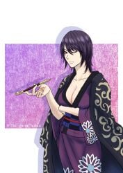 244_gntm_hoimi cleavage dark_hair female female_only fully_clothed genderswap_(mtf) gintama haori japanese_clothes kimono kiseru light_purple_hair looking_at_viewer medium_hair no_bra obi one_eye_closed pipe purple_hair red_eyes rule_63 smoking_pipe solo takasugi_shinsuke