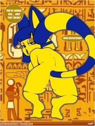 absurd_res animal_crossing ankha ankha_(animal_crossing) big_breasts breasts caption crouching domestic_cat felid feline felis female genitals hi_res humiliation male male/female mammal nintendo penis_humiliation pussy small_penis_humiliation solo teasing themellon