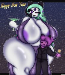 anthro belly big_breasts ditto ditto_(pokémon) dress large_breasts lewd_bun_64 makeup melobun_(strugglebunny) meloetta new_year pokémon_(species) pokemon pokemon_(species) smaller_male strugglebunny suit tummy