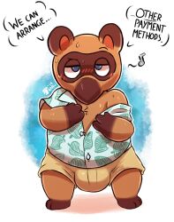 animal_crossing anthro balls big_balls big_bulge blush bulge furry male male_only nintendo penis raburigaron raccoon_dog removing_shirt shorts solo solo_male speech_bubble tanuki tom_nook undressing