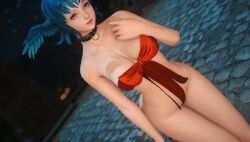 1girls 3d blue_eyes blue_hair christmas_outfit collar final_fantasy final_fantasy_xiv gift_wrapped looking_at_viewer meteion naked naked_female square_enix thick_thighs wings