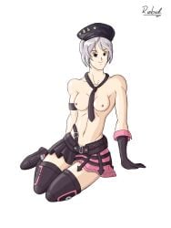 breasts brown_eyes brown_gloves brown_hat brown_necktie brown_skirt gray_hair pink_skirt topless