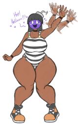 1girls adorable afterimage anthro armband big_breasts black_hair bob-omb bob-omb_gal_(just_coffee) bomb bomb_girl cumlord cumlord_(artist) cute dark_skin female fuse huge_ass huge_breasts just_coffee legs_together long_hair mario_(series) purple_skin shoes smile smiling solo striped_clothing stripes swimsuit thick_ass thick_thighs waving waving_at_viewer