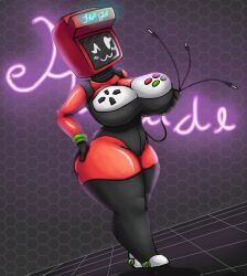 arcade big_ass big_butt breasts buttons cable cleavage controller curves curvy curvy_body curvy_female curvy_figure emoji female female_only girly hand_on_ass hand_on_butt hand_on_hip hourglass_figure huge_ass huge_breasts huge_thighs neon_sign red_body robot slutty_outfit stupid thick thick_ass thick_thighs thin_waist video_games wide_hips wide_thighs wink