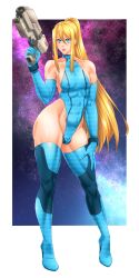 1boy 1femboy athletic blonde_hair blue_eyes bulge elbow_gloves femboy genderswap_(ftm) gun high_heel_boots high_heels holding_gun long_hair looking_at_viewer metroid nintendo ponytail rule_63 samus_aran suiren_ciao thick_boy thick_femboy thick_thighs trap virgin_killer_sweater zero_suit_samus