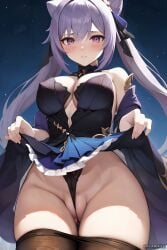 1girls ai_generated alternate_breast_size alternate_costume breasts cameltoe cleavage dress female galawave genshin_impact keqing_(genshin_impact) keqing_(opulent_splendor)_(genshin_impact) large_breasts light-skinned_female light_skin long_hair panties purple_eyes purple_hair stable_diffusion thighs