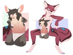 anthro armless balls blue_claws blush breasts brown_hair canid canine claws duo fauvfox fox fur genitals gynomorph hair hi_res intersex limb_regression mammal partial_transformation penis penis_transformation red_body red_fur sentient_penis tan_body tan_fur transformation