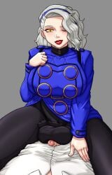 1boy 1futa atlus balljob balls balls_in_pants balls_under_clothes big_balls big_balls_small_penis big_breasts big_penis breasts clothed clothing flaccid_penis fully_clothed futa_focus futa_is_bigger futa_on_male futa_on_top futanari grey_hair human light-skinned_futanari light-skinned_male light_skin long_hair male margaret_(persona) mostly_clothed narukami_yu on_back penis penis_under_clothes persona persona_4 pov pov_eye_contact slushiebest solo_focus