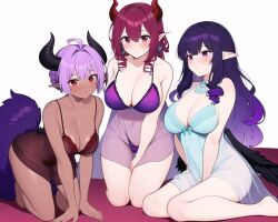 2023 3girls ai_generated ai_hands anime_nose cleavage clothed curly_hair dark-skinned_female demon demon_girl demon_horns elf elf_ears elf_female elf_girl female female_demon female_elf female_focus female_only furry_tail horned_female horned_humanoid horns kneeling kneeling_female large_breasts lingerie long_hair looking_at_viewer medium_breasts medium_hair multiple_females multiple_girls nightgown novelai on_all_fours pink_hair purple_eyes purple_hair purple_panties red_eyes red_hair red_horns sheer_clothing short_hair sitting sitting_down stable_diffusion succubus succubus_horns tan-skinned_female tan_body tan_skin white_background wings