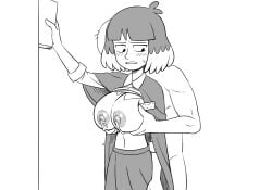 1boy anon big_breasts black_hair breast_grab breast_milking breast_squeeze cape color_request female gradient_hair grey_vest greyscale hilda_(series) huge_breasts kaisa_(hilda) lactation mangamaster shirt_lift shirt_up skirt sweat thick_breasts unseen_male_face white_background