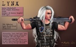 1girls blonde_hair bullpup bullpup_squad character_profile character_sheet english_text female gun lynx_(bullpup_squad) marikoneko marikoneko0 rifle sniper sniper_rifle text white_hair