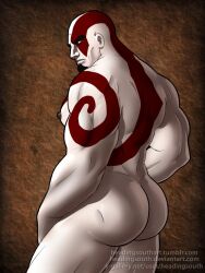 bald bald_man big_arms big_ass_(male) big_butt gay god_of_war headingsouth kratos looking_back male male_only muscles muscular nude pale_skin serious solo solo_male sony_interactive_entertainment tattoo white_skin