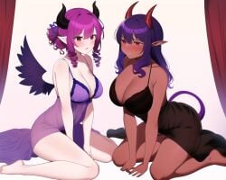 2023 2demons 2girls ai_generated ai_hands anime_nose black_horns blush cleavage clothed curly_hair curtains dark-skinned_female demon demon_girl demon_horns demon_tail elf elf_ears elf_female elf_girl female female_demon female_elf female_focus female_only hair_between_eyes hair_bun horned_female horned_humanoid horns kneeling kneeling_female large_breasts lingerie long_hair looking_at_viewer medium_breasts medium_hair multiple_females multiple_girls nightgown novelai on_all_fours pale_skin pink_hair purple_eyes purple_hair red_eyes red_horns red_skin sheer_clothing short_hair sidelocks sitting sitting_down stable_diffusion succubus succubus_horns succubus_tail tan-skinned_female tan_body tan_skin white_background white_skin wings