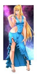 1boy alternate_version blonde_hair blue_dress blue_eyes bracelet bulge dress earrings femboy genderswap_(ftm) girly high_heels long_hair looking_at_viewer male male_only metroid nail_polish nintendo ponytail rule_63 samus_aran solo suiren_ciao thick_thighs toenail_polish trap zero_suit_samus