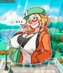 bianca_(pokemon) big_breasts blonde_hair blush breasts clothed clothing color colored colored_sketch female glasses green_eyes hat jhostin38654 light-skinned_female light_skin maruzyrukun nervous nervous_sweat pale-skinned_female pale_skin pokemon sfw solo sweater yellow_hair