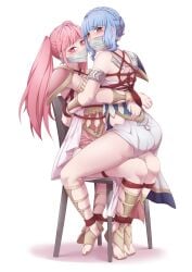 2girls adzuqi ass bare_legs bare_thighs blue_hair blush bondage bound_to_chair bound_together braid brown_eyes dancer dancer_(three_houses) dancer_outfit female female_only femsub fire_emblem fire_emblem:_three_houses forced_partners gag hilda_valentine_goneril light_blue_hair long_hair looking_at_viewer looking_back marianne_von_edmund medium_hair multiple_girls multiple_subs nintendo on_lap pink_eyes pink_hair punishment restrained rope rope_bondage sitting_on_lap tape_gag thealagator thighs tied_together twintails