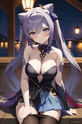 1girls ai_generated alternate_breast_size alternate_costume breasts cleavage dress female galawave genshin_impact keqing_(genshin_impact) keqing_(opulent_splendor)_(genshin_impact) large_breasts light-skinned_female light_skin long_hair purple_eyes purple_hair stable_diffusion thighs