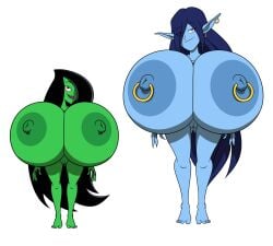 2girls black_hair blue_eyes blue_hair blue_skin breasts crossover danny_phantom desiree djinn female female_only fully_nude green_skin ilpanza looking_at_viewer magi:_the_labyrinth_of_magic multiple_girls nickelodeon nude nudity paimon pierced_ears pierced_nipples red_eyes size_difference