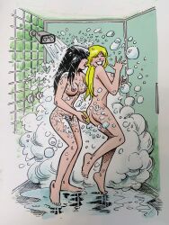 2girls archie_comics areolae barefoot bathing betty_and_veronica betty_cooper black_hair blonde_hair breasts brown_hair dan_decarlo dark_hair feet female female_only human moriartyhide multiple_girls nipples nude nude_female pale_skin shower showering soap_bubbles veronica_lodge washing_another yuri