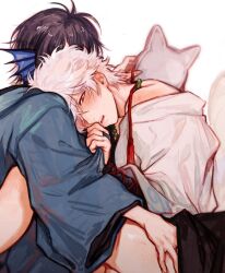 2boys blush clothed dark_hair deng_810 drooling ear_fins gay gintama gintoki_sakata implied_sex japanese_clothes kimono kitsune male male_only mask mask_removed merfolk merman official_alternate_costume takasugi_shinsuke white_hair yaoi youkai