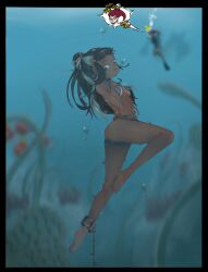 2girls air_bubbles asphyxiation ass attempted_murder background_character barefoot bikini blue_bikini blue_swimsuit blurry_background breasts bubbles chained chibi drowning feet female female_only jessie_(pokemon) kronworld laughing navel nessa_(pokemon) nintendo ocean peril pokemon sea small_breasts swimsuit underwater underwater_peril water