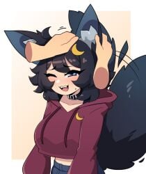 1girls black_hair blue_eyes blush collar commission disembodied_hands fangs female fox_ears fox_girl fox_tail furry_tail head_pat hi_res hoodie j5daigada mole mole_under_mouth one_eye_closed open_mouth petting smile tail tail_wagging wholesome