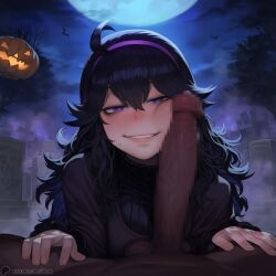 1-a_dot 1boy 1girls ai_generated balls blush breasts dark-skinned_male dark_skin dress female halloween hex_maniac interracial long_hair looking_at_viewer male male_pov messy_hair penis penis_on_face pokemon pov pov_male pumpkin purple_eyes smile