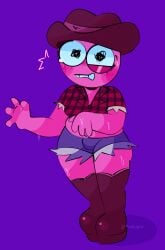 adult_swim blush blushing_profusely boots bulge bulge_through_clothing cowboy_boots cowboy_hat embarrassed flannel flannel_shirt flustered pim_(smiling_friends) pim_pimling pink_body pink_skin prekupre short_male short_shorts smaller_male smiling_friends sweat sweatdrop sweaty_body