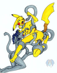 anthro breast_fondling breasts double_penetration female fondling furry furry_only male nintendo no_humans pikachu pokemon straight tentacle tierafoxglove what