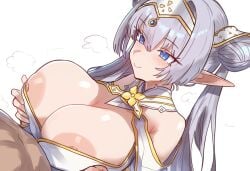 1boy blue_eyes breasts britomart_(fate) britomart_(second_ascension)_(fate) closed_mouth double_bun ebora english_commentary fate/grand_order fate_(series) female grey_hair hair_bun highres huge_breasts large_areolae long_hair metal_hairband nipple_slip nipples paizuri pointy_ears smile straight twintails white_background