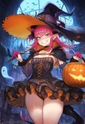 1-a_dot 1girls ai_generated breasts dress elizabeth_bathory_(fate) fate/grand_order fate_(series) female grin halloween halloween_bucket halloween_costume horns looking_at_viewer pink_hair pointy_ears pumpkin small_breasts smile solo witch_costume witch_hat